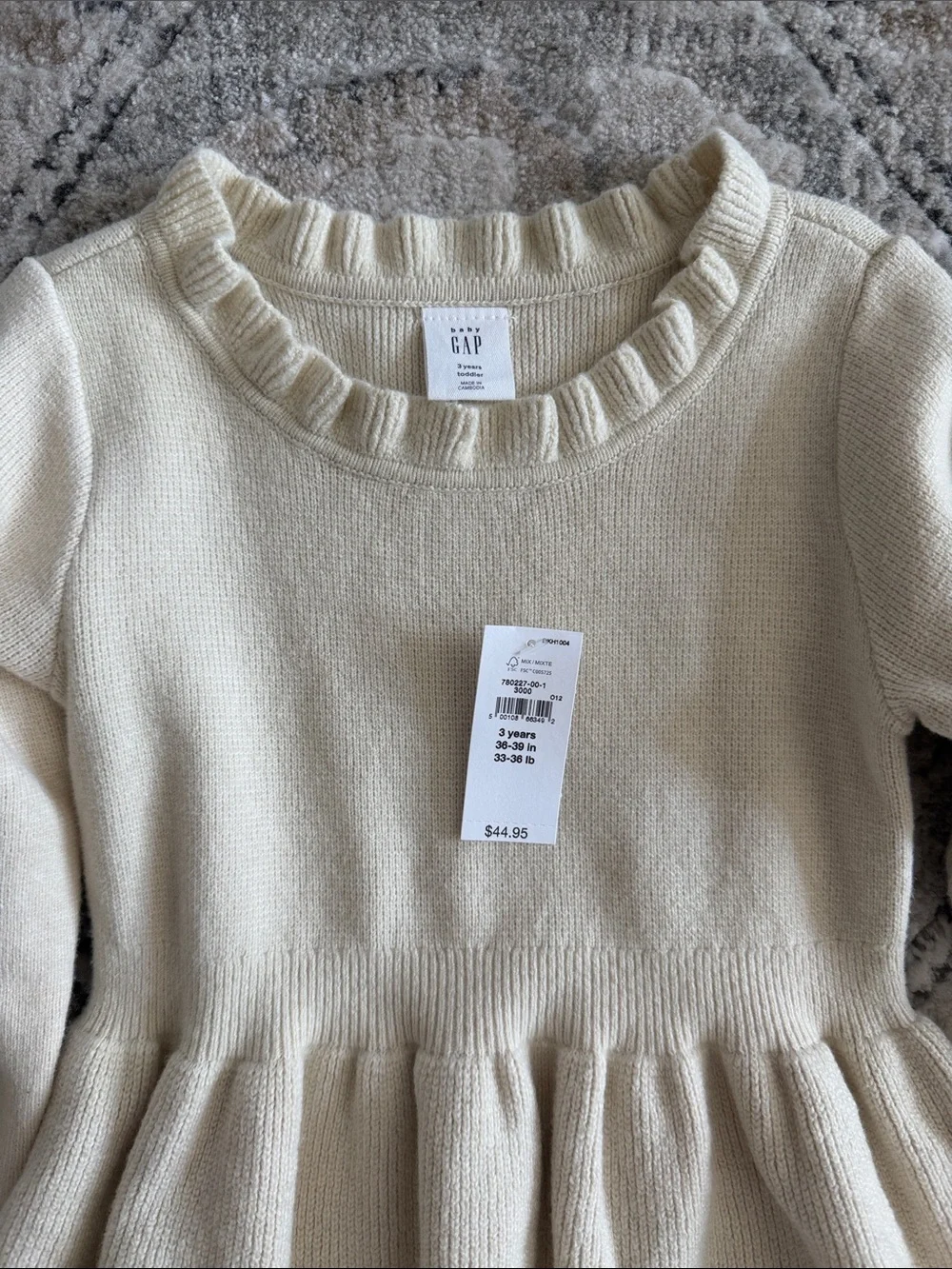 Baby GAP Cream Ruffle-Trim Knit Dress 3T NWT